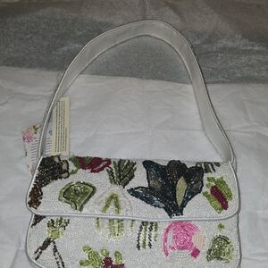 T.J.Maxx White Beaded Shoulder Bag with Multicolor Floral Design